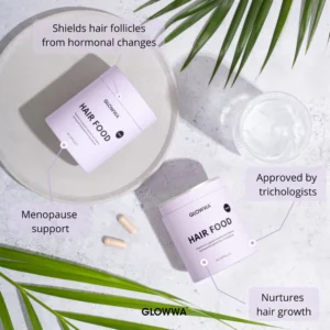 Glowwa Hair Food | Meno från Edmond Hair Shop – hårtillskott för kvinnor i menopaus som stödjer hårväxt, minskar håravfall och förbättrar hårhälsa. Innehåller MSM, Biotin, Zink, Vitamin B12 och Folat. 60 kapslar per burk, motsvarande 1 månads förbrukning.